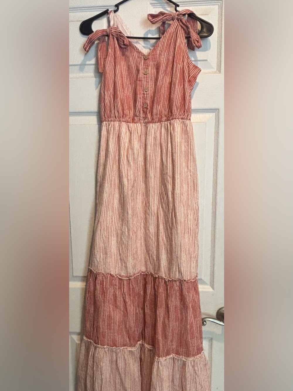 True Craft Womens Linen Blend Red White Striped Colorblock Maxi Dress Size M